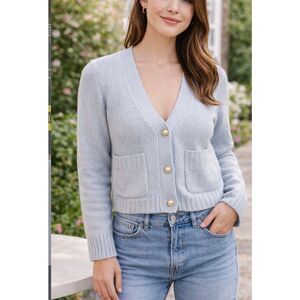 ME+EM Baby Blue Cashmere Silk Blend Cardigan Pearl Button Size Medium